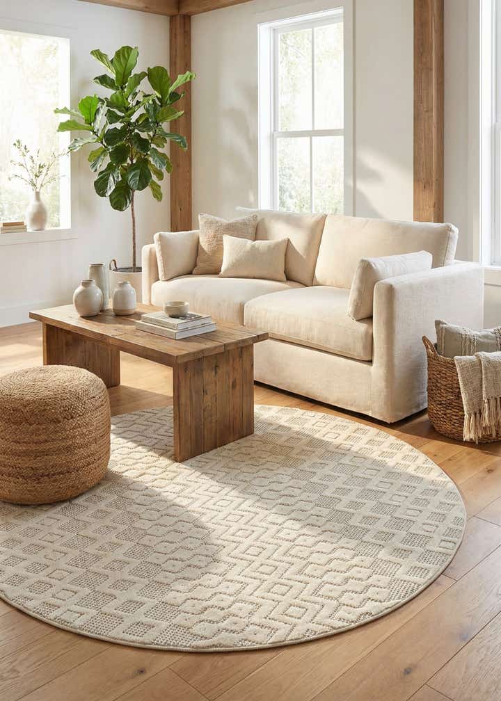 5' 3 x 5' 3 Easy-Clean Trellis Textured Indoor / Outdoor Round Rug