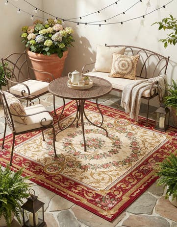 Burgundy Red and Ivory Easy-Clean Traditional Indoor / Outdoor Square Rug