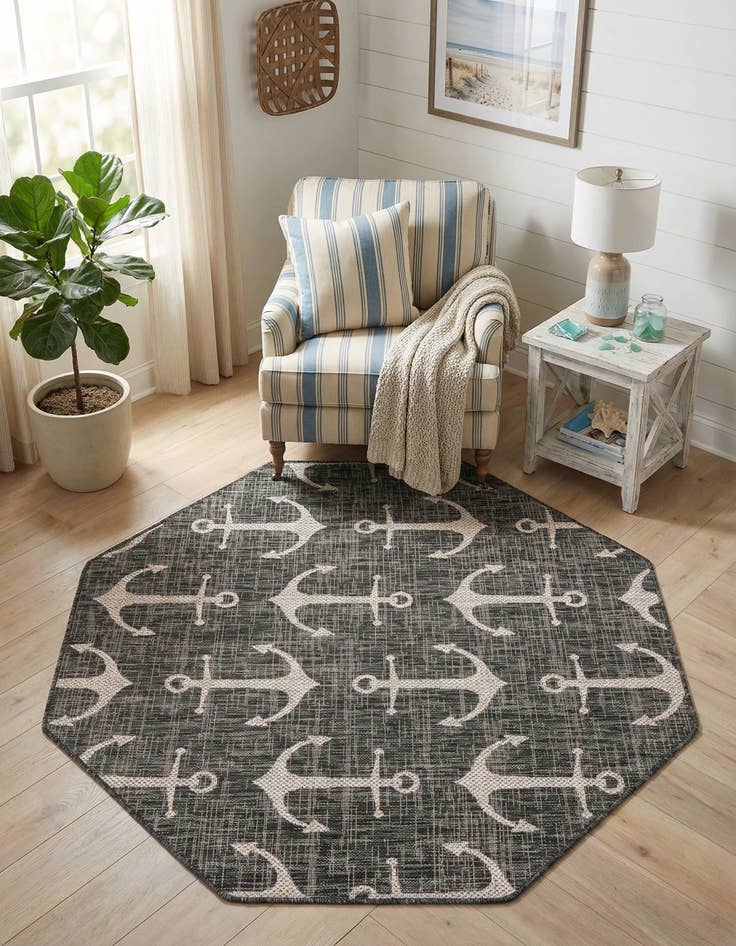 Detail image of 5' 3 x 5' 3  Washable Coastal Indoor / Outdoor Octagon Rug