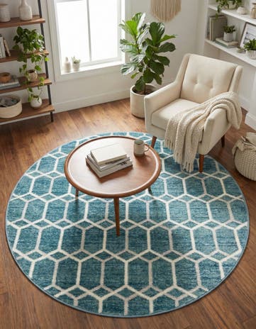 Blue Lattice Trellis Round Rug
