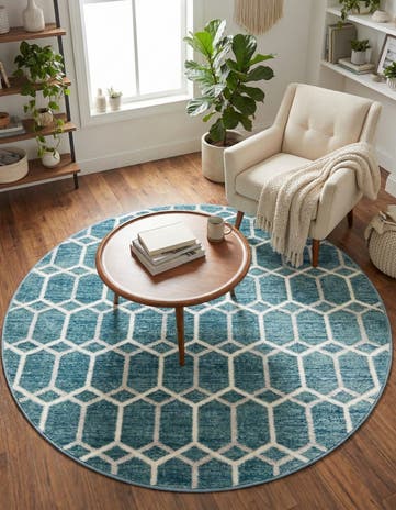 Blue Lattice Trellis Round Rug