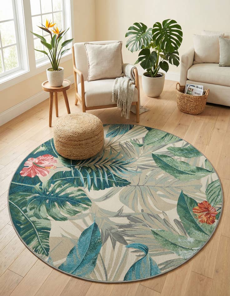 Detail image of 5' x 5'  Washable Botanical Indoor / Outdoor Round Rug