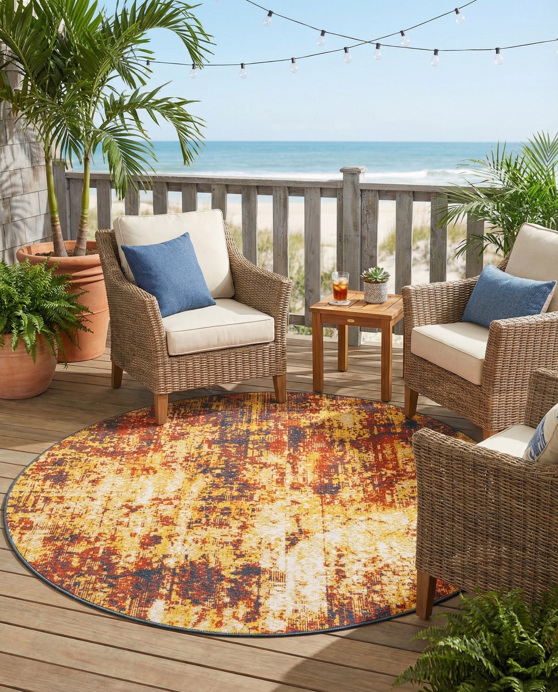 Multicolor 7' x 7' Washable Coastal Indoor / Outdoor Round Rug