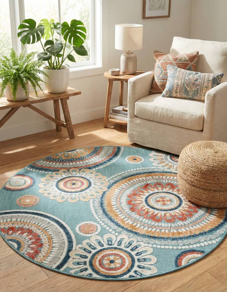 Detail image of  4' 5 x 4' 5  Washable Botanical Indoor / Outdoor Round Rug