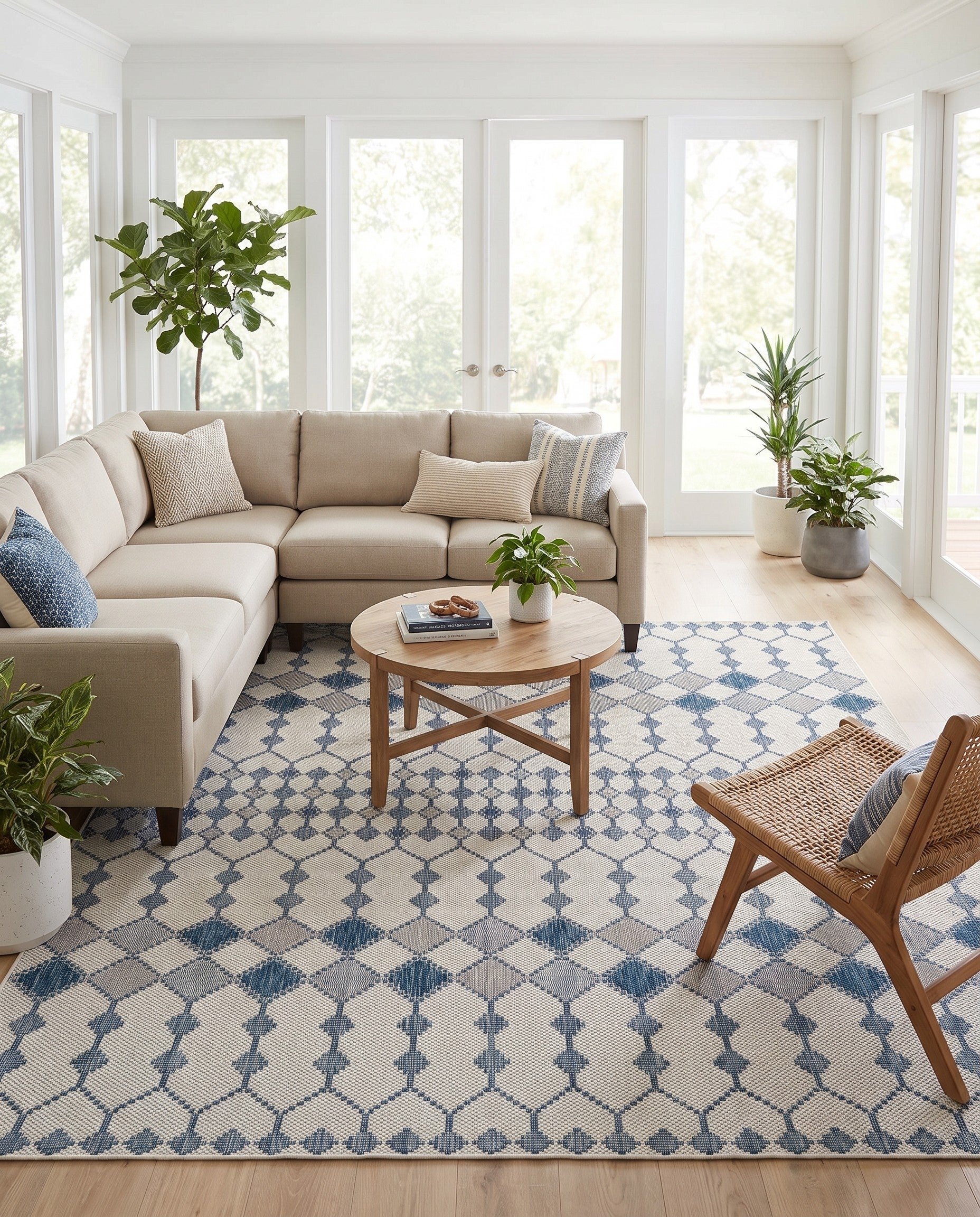 Ivory Easy-Clean Lattice Indoor / Outdoor Square Rug