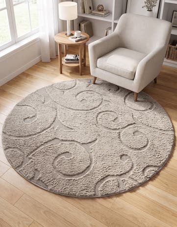 Light Gray Botanical Shag Round Rug