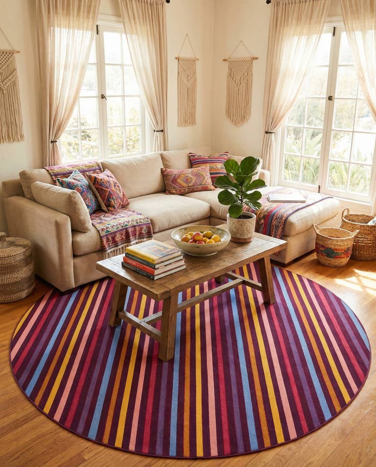 Detail image of 10' x 10' Easy-Clean Striped Indoor / Outdoor Round Rug