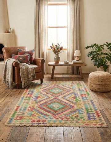 4' x 5' 8 Hand Woven Kilim Maymana Wool Rug