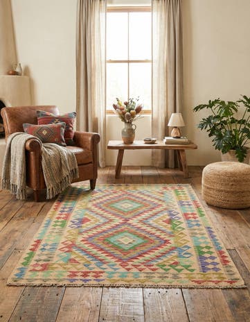 4' x 5' 8 Hand Woven Kilim Maymana Wool Rug