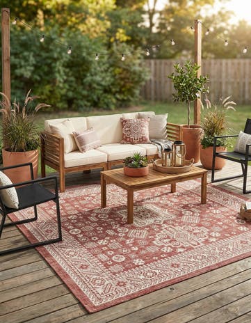 Rust Red Easy-Clean Aztec Indoor / Outdoor Square Rug