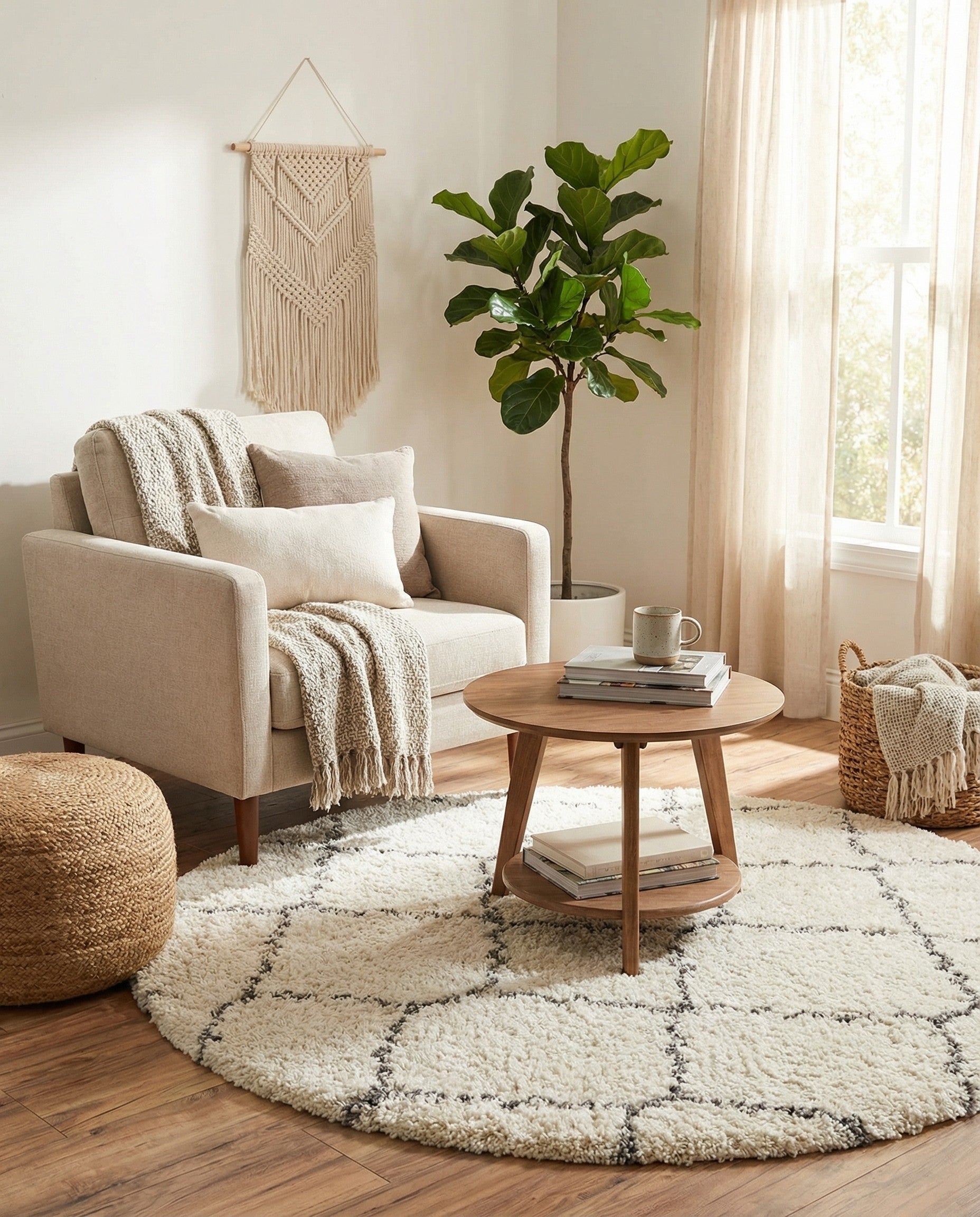 A round ivory shag rug with a contemporary dark grey trellis pattern, offering plush comfort and modern style.