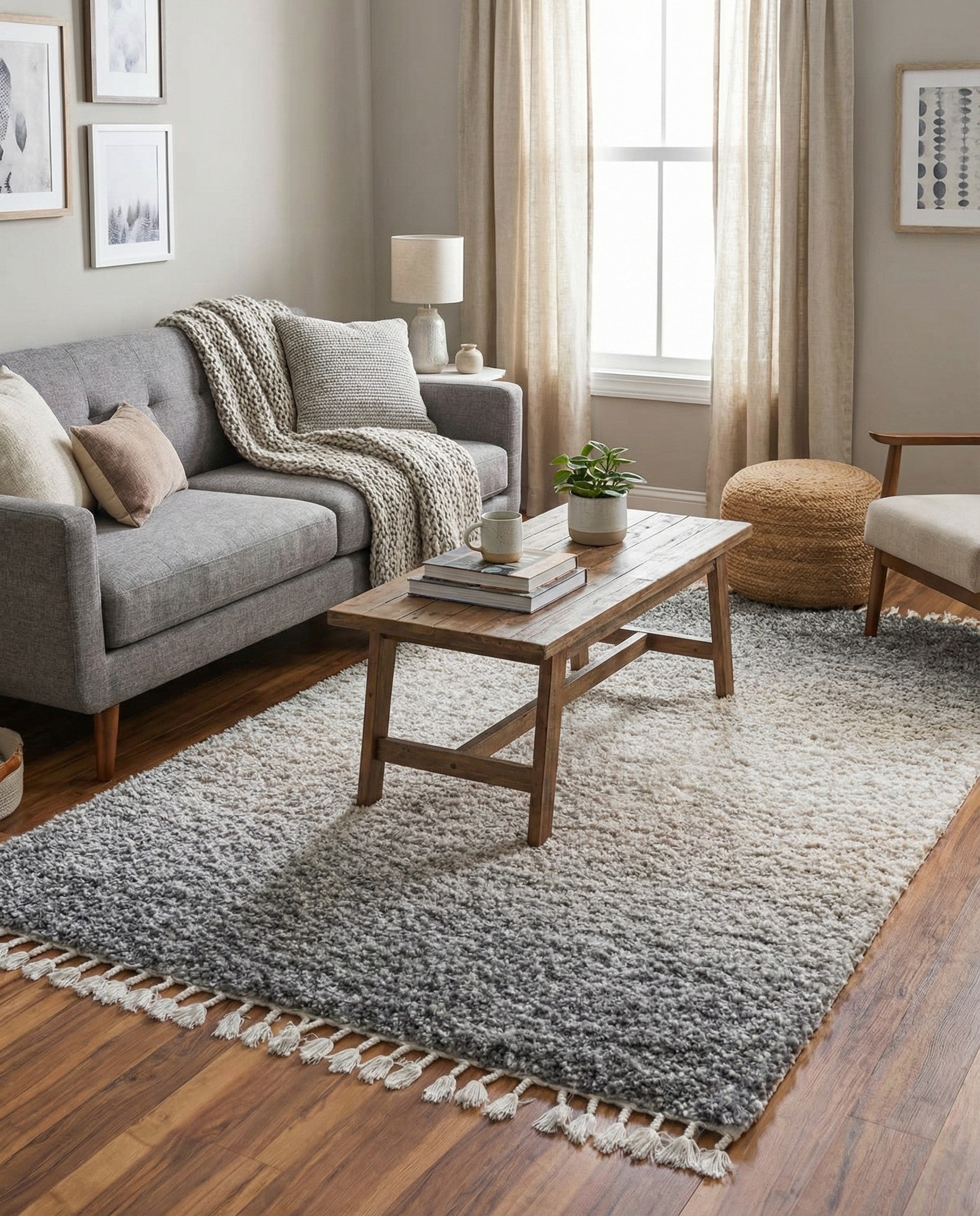 A 4x6 rectangular Athena Shag rug with a gray and silver ombre pattern, transitioning from dark gray to light silver, with white tassels.