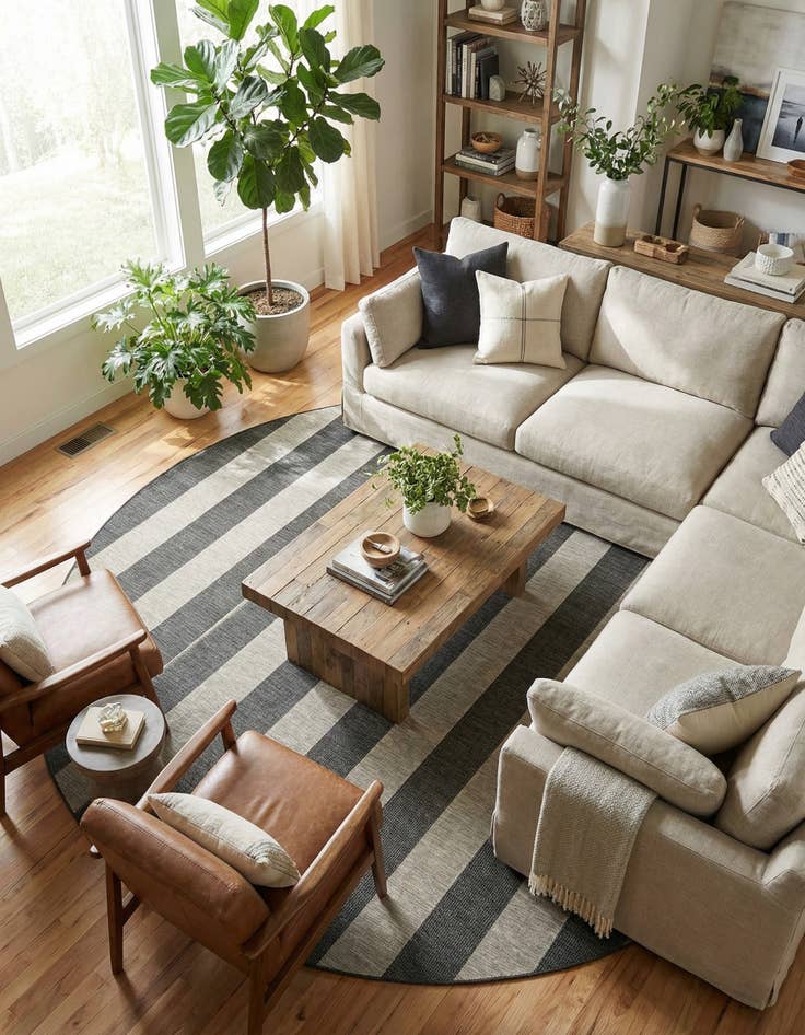 Detail image of 12' x 12'  Washable Striped Indoor / Outdoor Round Rug