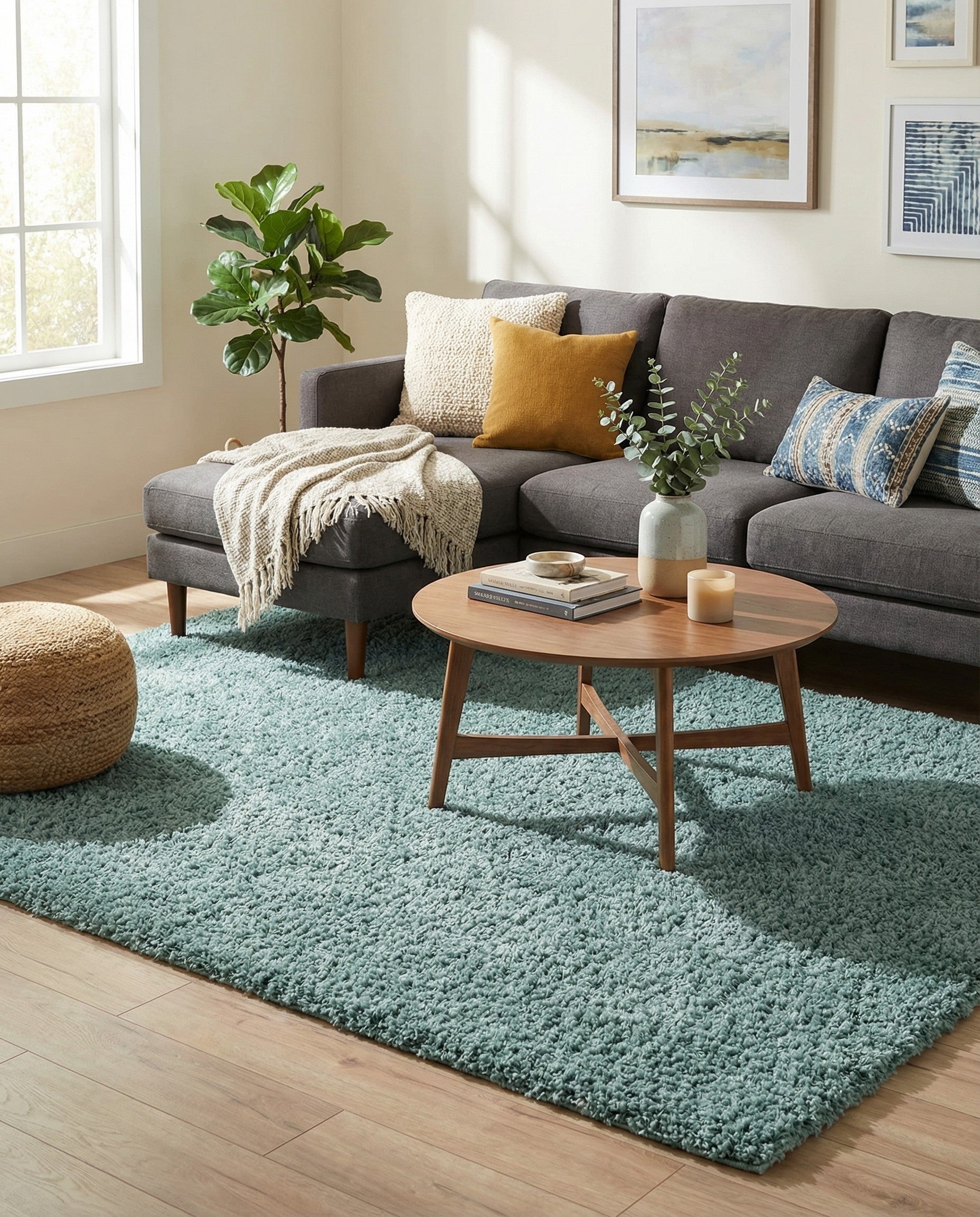 A large 8x11 rectangular blue shag rug with a textured, plush pile, perfect for a living room or bedroom.