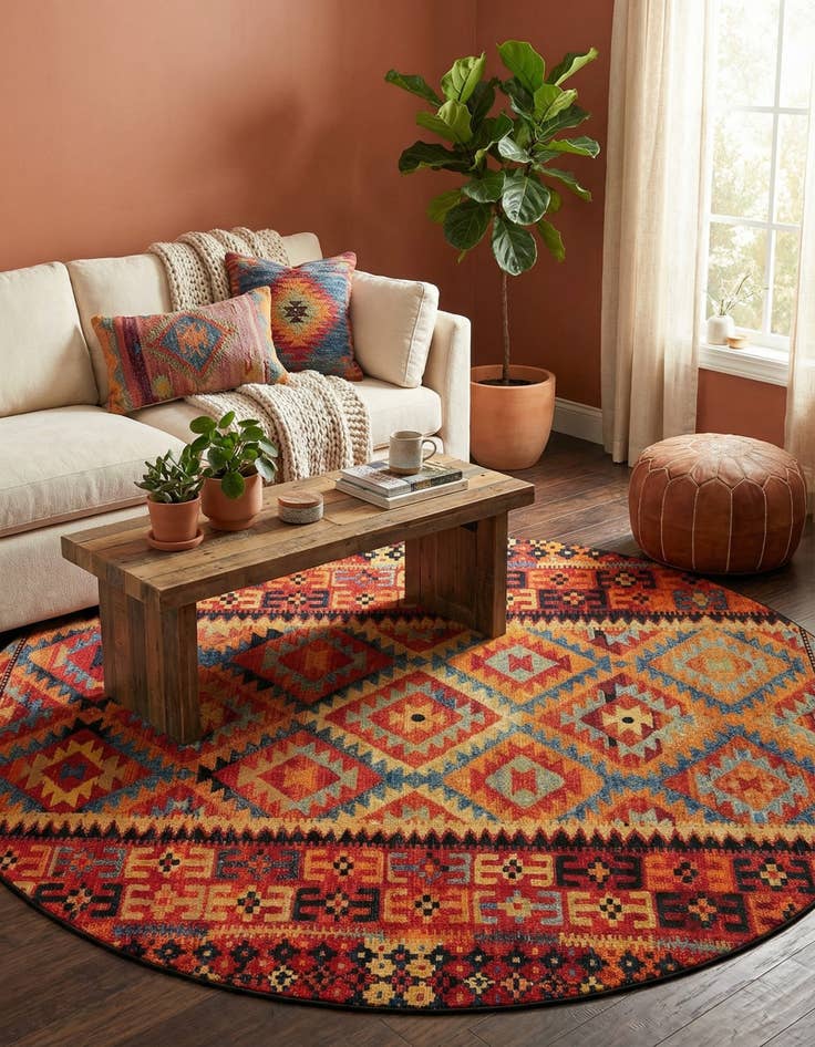 Detail image of 10' x 10' Easy-Clean Tribal Indoor / Outdoor Round Rug