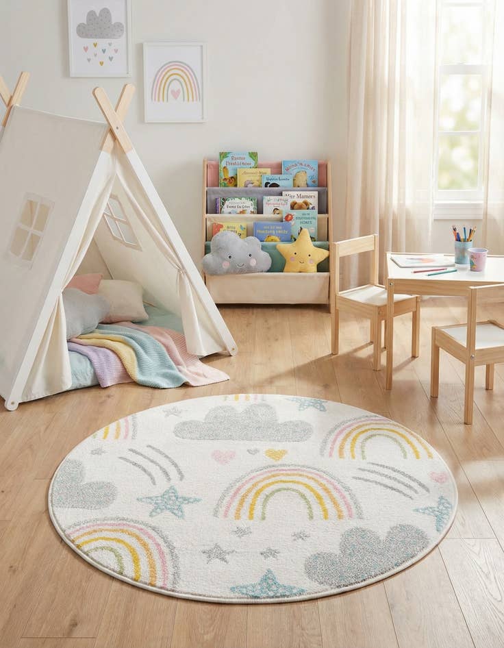 Detail image of 3' 3 x 3' 3 Clouds and Rainbows Whimsy Kids Round Rug