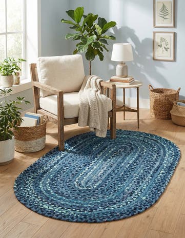 Blue Handmade Braided Chindi Oval Rug