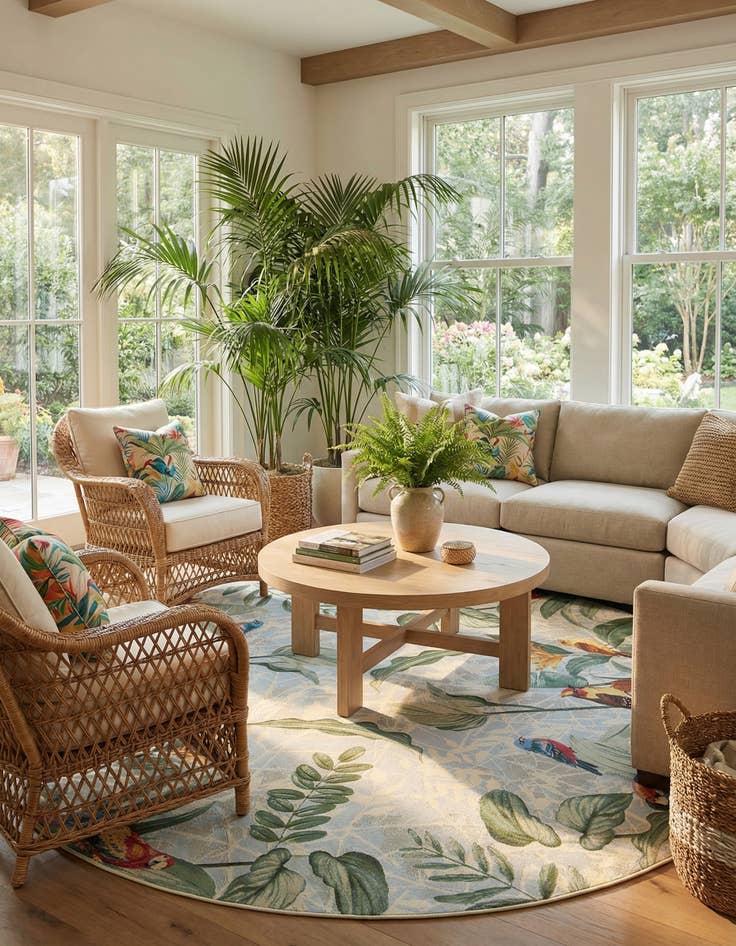 Detail image of 10' x 10' Easy-Clean Botanical Indoor / Outdoor Round Rug