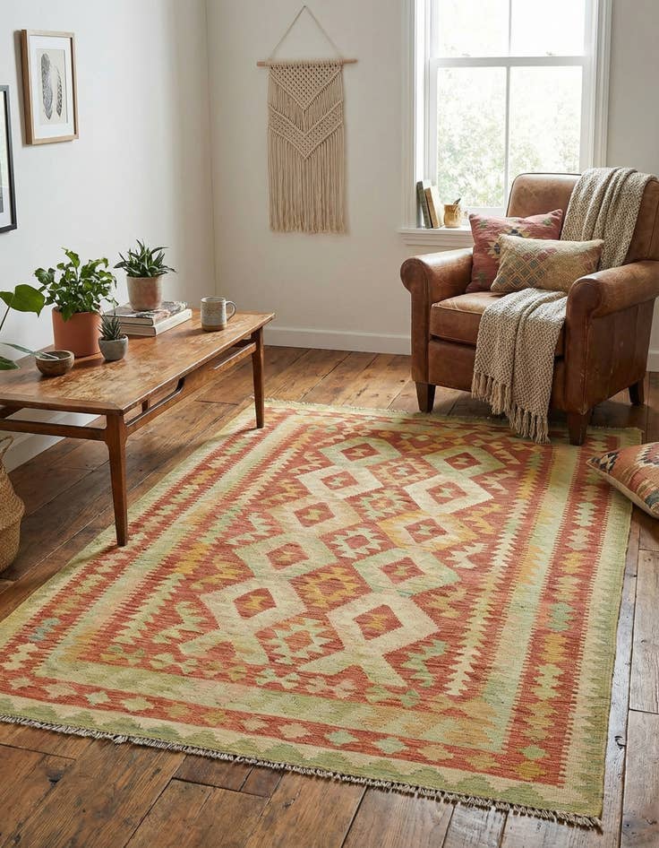 Detail image of  4' 6 x 6' 8  Hand Woven Kilim Waziri Wool Rug