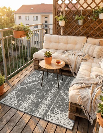 Charcoal Gray Easy-Clean Bohemian Indoor / Outdoor Square Rug