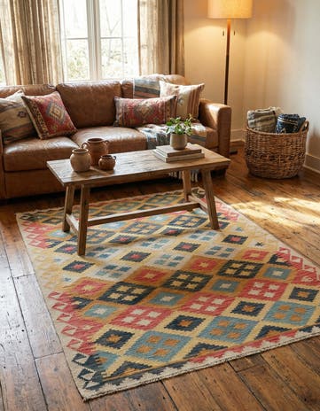 4' x 5' 4 Hand Woven Kilim Maymana Wool Rug