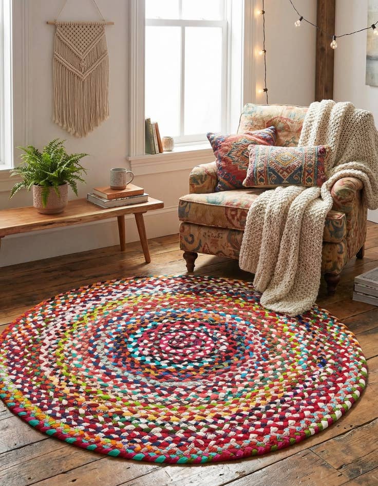 Detail image of  3' 3 x 3' 3  Hand Braided Chindi Round Rug