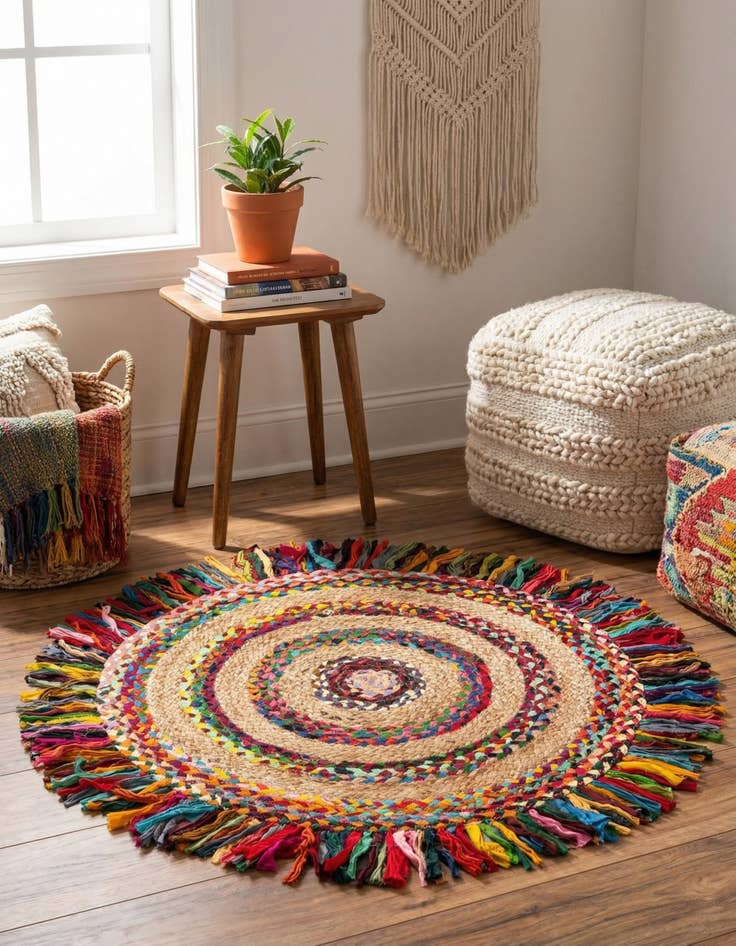 Detail image of 2' x 2'  Hand Braided Chindi Jute Round Rug