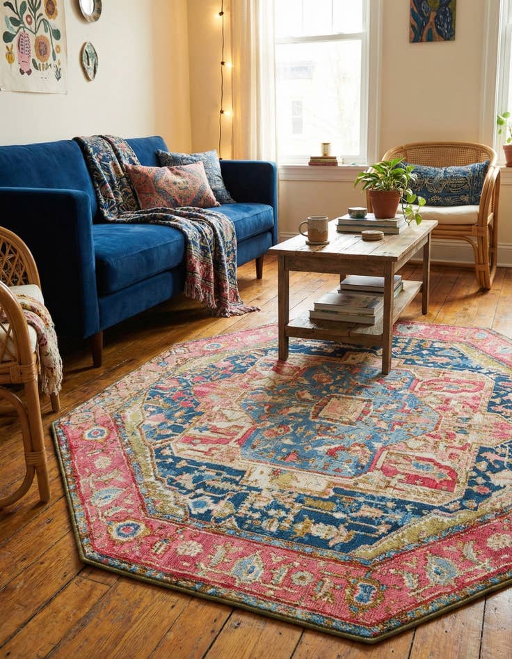 Detail image of  7' x 7'  Washable Traditional Indoor / Outdoor Octagon Rug