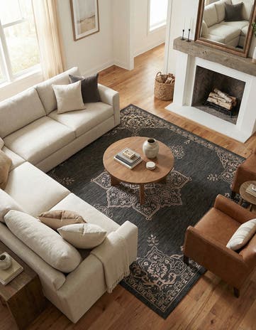 Charcoal Gray Easy-Clean Traditional Indoor / Outdoor Square Rug