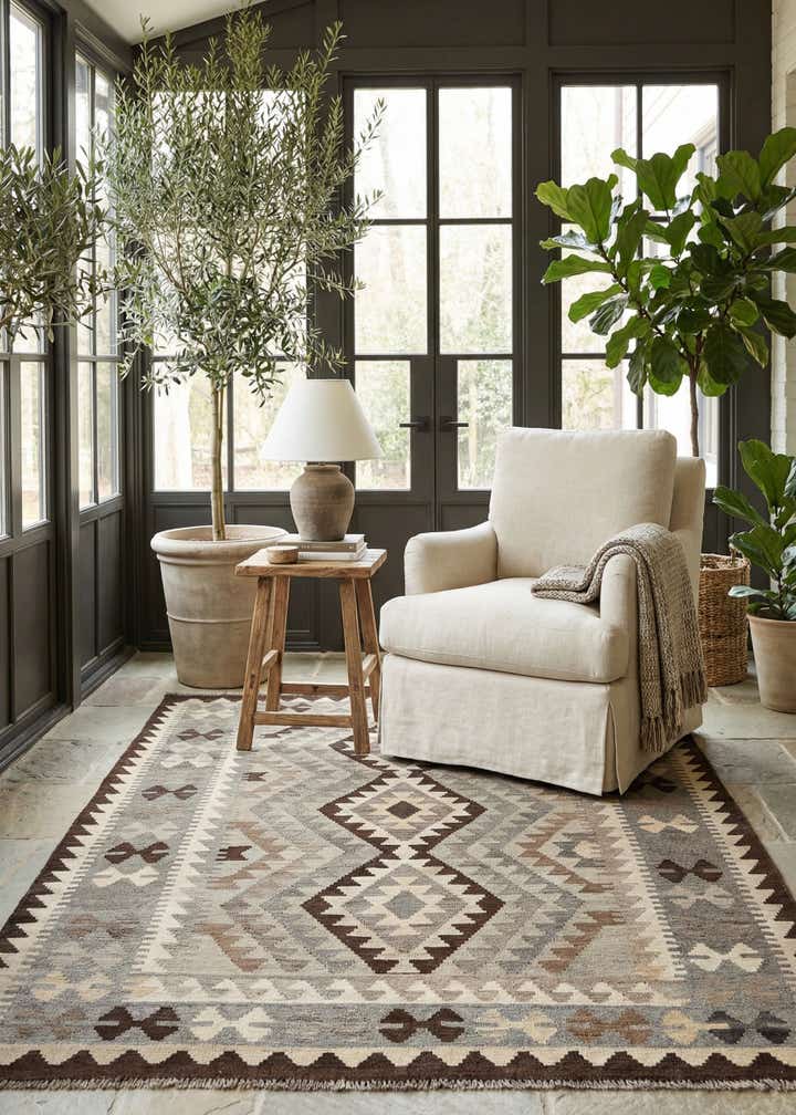 5' x 6' 4 Hand Woven Kilim Maymana Wool Rug