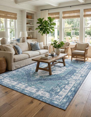 Blue Easy-Clean Traditional Indoor / Outdoor Rug
