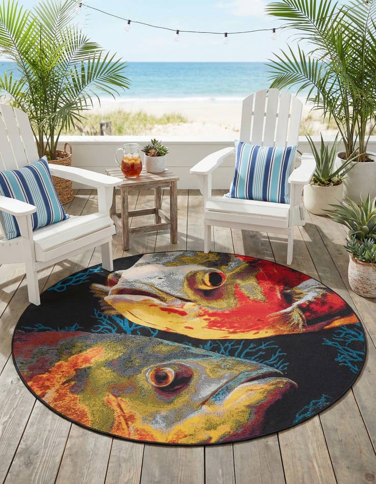 Detail image of 6' x 6'  Washable Coastal Indoor / Outdoor Round Rug