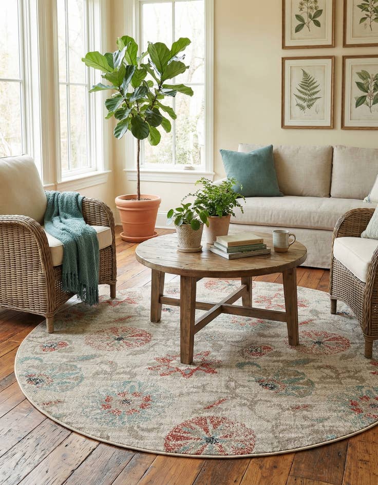 Detail image of  7' 10 x 7' 10  Washable Botanical Indoor / Outdoor Round Rug