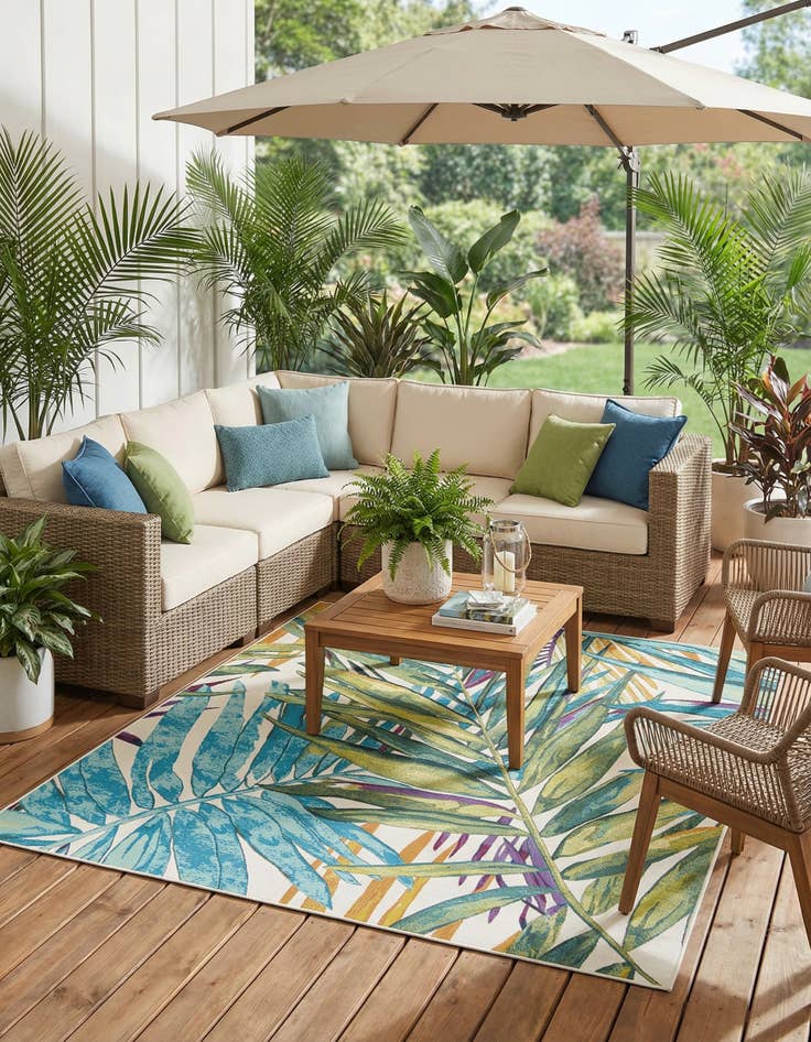 Detail image of 7' 10 x 7' 10  Washable Botanical Indoor / Outdoor Square Rug