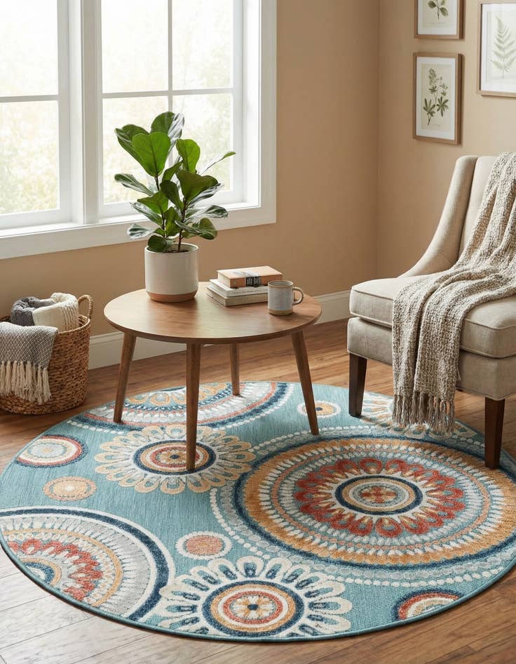 Detail image of 4' 5 x 4' 5 Easy-Clean Botanical Indoor / Outdoor Round Rug