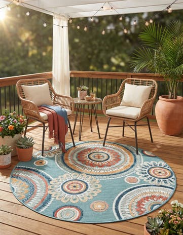Light Blue Easy-Clean Botanical Indoor / Outdoor Round Rug