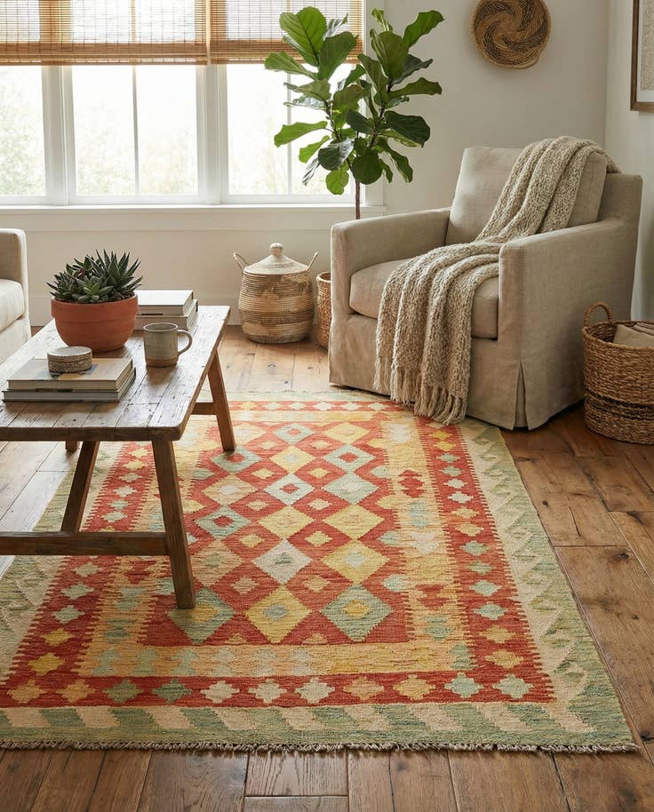 Detail image of 3' 2 x 4' 10 Hand Woven Kilim Waziri Wool Rug