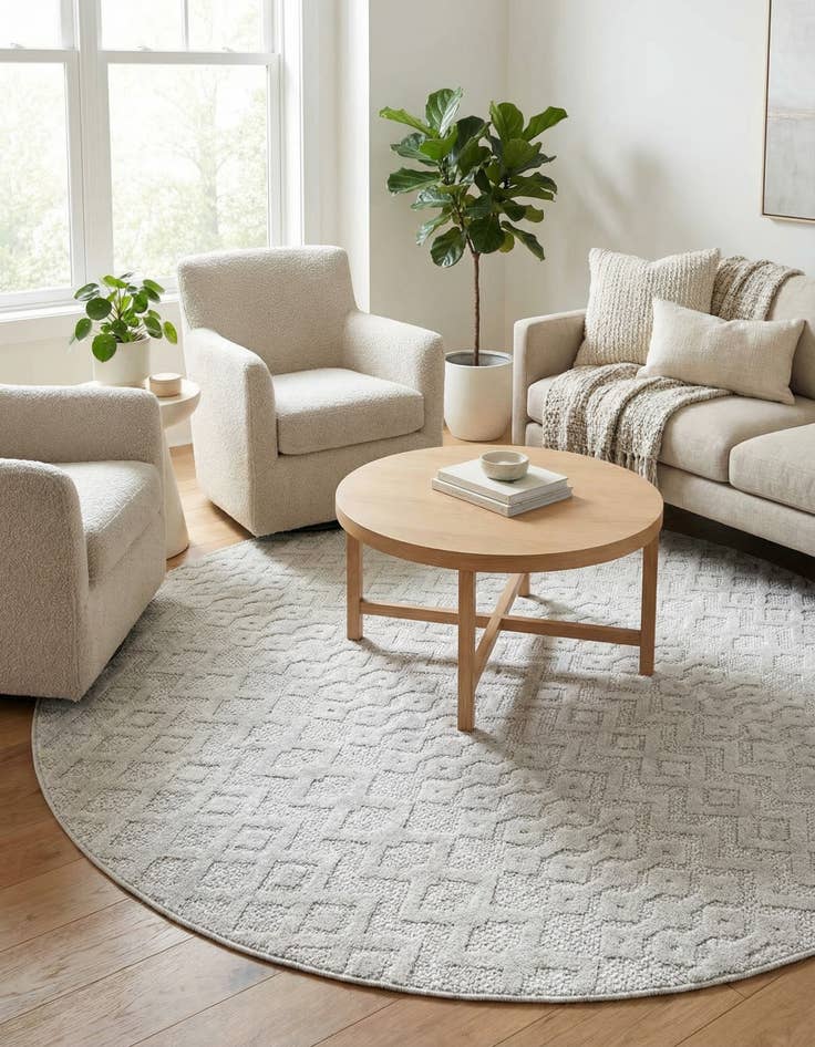 Detail image of  7' x 7'  Washable Trellis Textured Indoor / Outdoor Round Rug