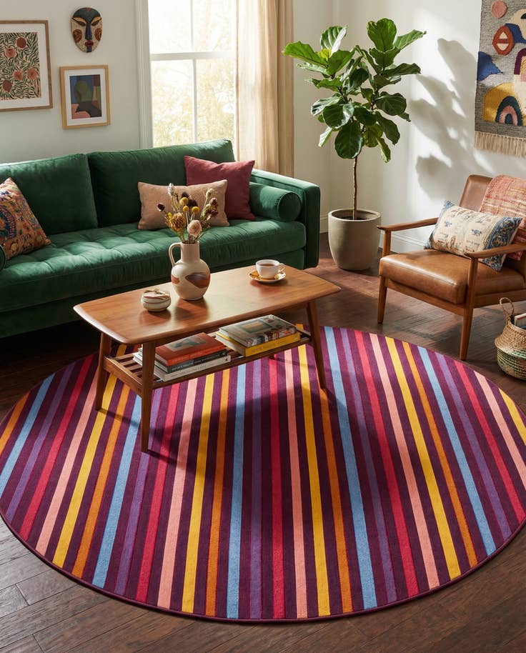 Detail image of 7' 10 x 7' 10 Easy-Clean Striped Indoor / Outdoor Round Rug
