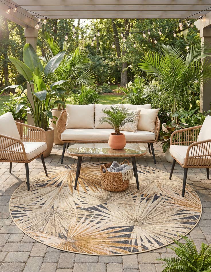 Detail image of 7' 10 x 7' 10  Washable Botanical Indoor / Outdoor Round Rug