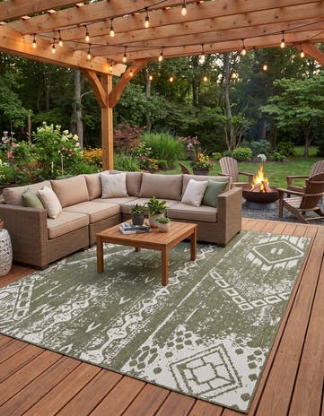 Green Easy-Clean Bohemian Indoor / Outdoor Rug