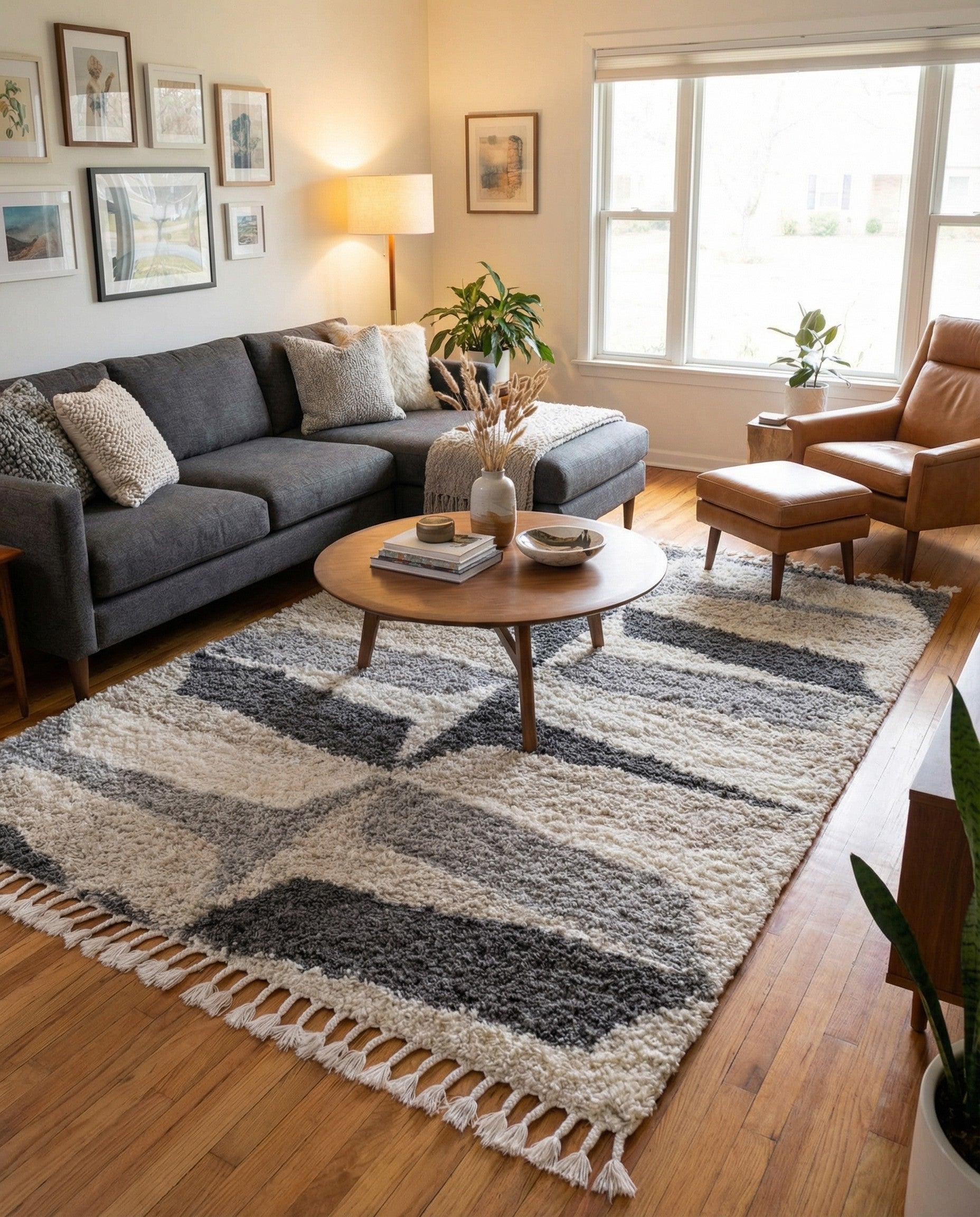 A 9x12 rectangular gray and ivory shag rug with a modern geometric pattern and tassel fringe.