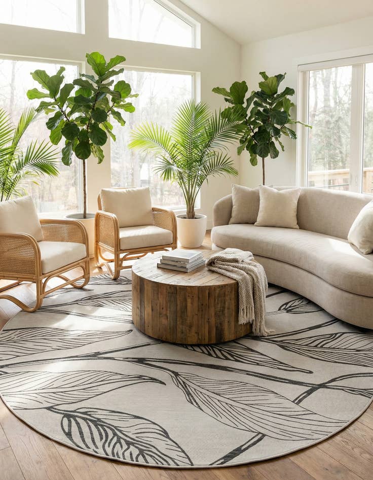 Detail image of 13' x 13'  Washable Botanical Indoor / Outdoor Round Rug