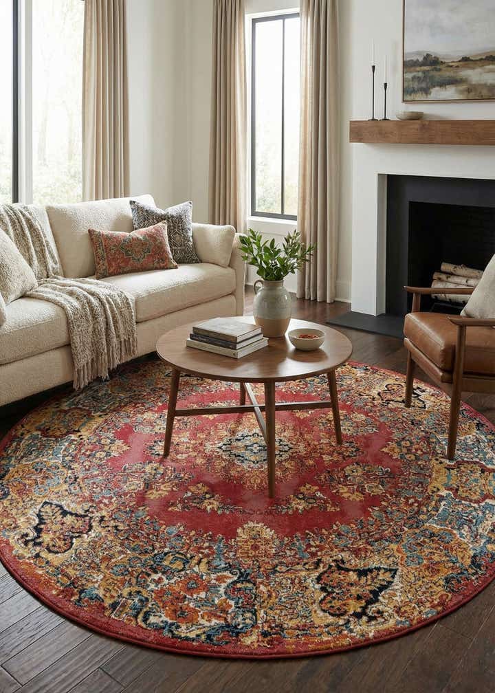 7' 10 x 7' 10 Easy-Clean Traditional Indoor / Outdoor Round Rug