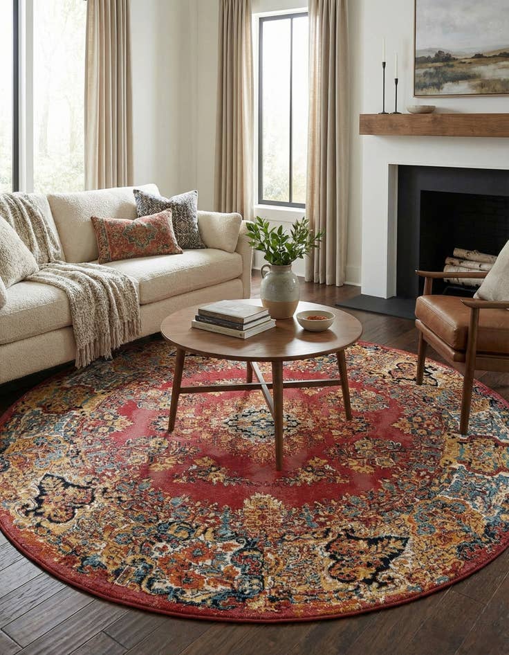 Detail image of 7' 10 x 7' 10 Easy-Clean Traditional Indoor / Outdoor Round Rug