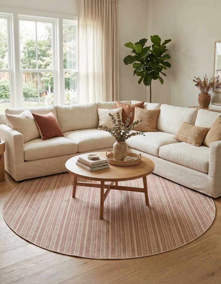 Detail image of 10' x 10'  Washable Striped Indoor / Outdoor Round Rug