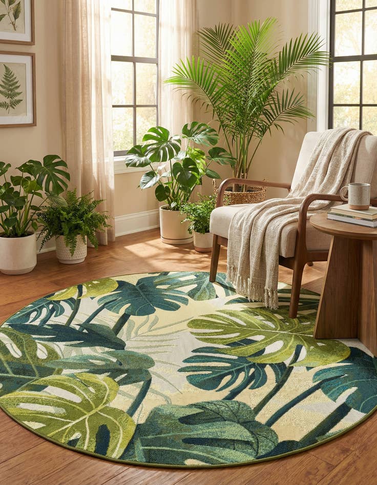 Detail image of 5' x 5'  Washable Botanical Indoor / Outdoor Round Rug
