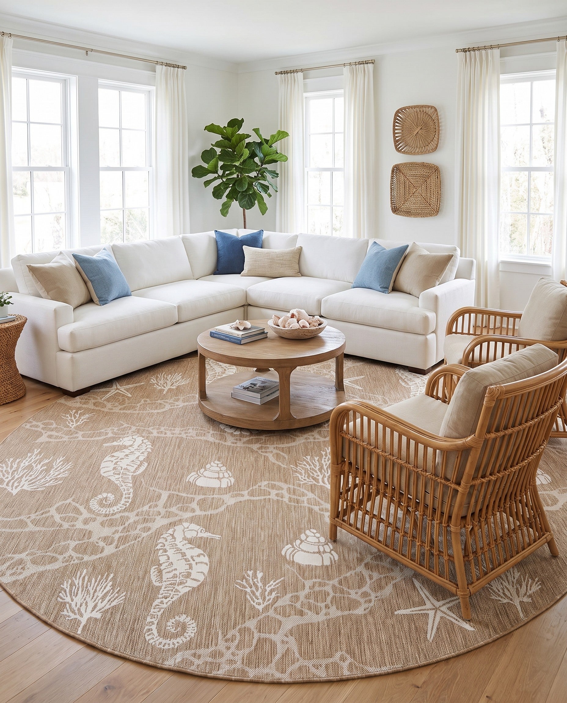 Taupe Easy-Clean Coastal Indoor / Outdoor Round Rug