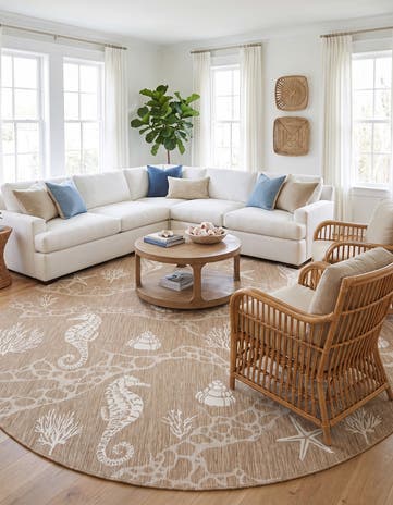 Taupe Easy-Clean Coastal Indoor / Outdoor Round Rug