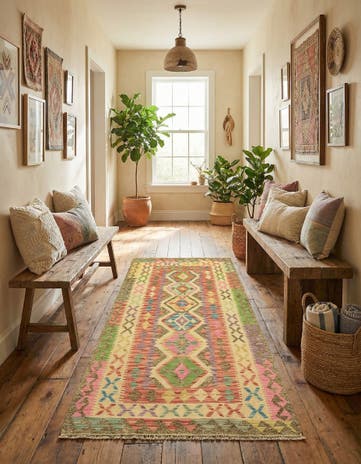 3' 4 x 6' 4 Hand Woven Kilim Maymana Wool Runner Rug